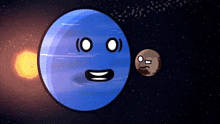 a pixel art drawing of a planet with a face and a smaller planet with a sad face