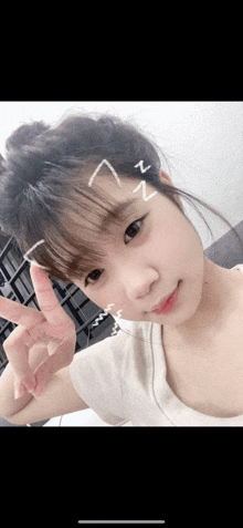 a girl giving a peace sign with a drawing of a cat on her head