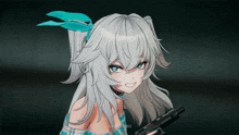 a girl with white hair and blue eyes is holding a gun in her hand