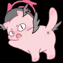 a cartoon drawing of a pink cat with wings and a x on its butt