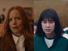 a woman with red hair and a woman in a green jacket