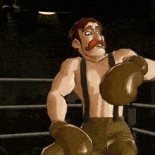 a man with suspenders and boxing gloves is standing in a ring
