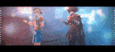 two anime characters are standing next to each other in a video game scene