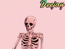 a cartoon drawing of a skull with its mouth open and the word deejay written below it