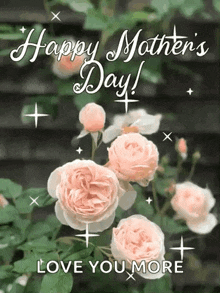 a happy mother 's day greeting card with pink roses and the words `` love you more '' .