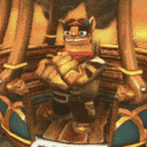 a cartoon character is standing on a wooden platform with his arms crossed