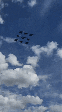 a group of fighter jets are flying in formation in a blue sky
