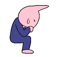 a cartoon character with a pink head is kneeling down and covering his face .