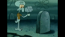 squidward from spongebob squarepants is blowing dandelions in front of a grave