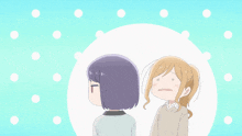two anime girls are standing next to each other on a blue background with white dots