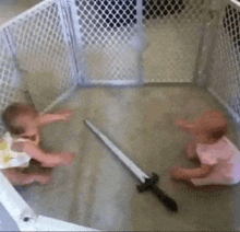 two babies are playing in a fence with a sword .