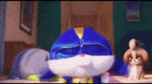 a cartoon cat wearing sunglasses and a mask is sleeping on a bed .