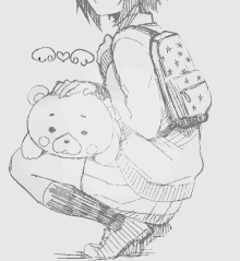 a black and white drawing of a girl holding a teddy bear and a backpack