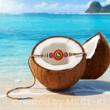a coconut with a bracelet in it sits on the beach created by mkcl - kf