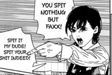 a black and white drawing of a person pointing at another person who says you spit nothing but faxx
