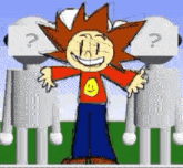 a cartoon character with a smiley face and a question mark on his head stands in front of two white robots .