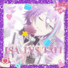 a girl with purple hair is holding a flower in a purple frame that says isa lystati