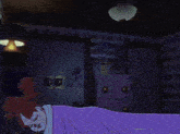 a cartoon character is laying on a purple bed in a room .