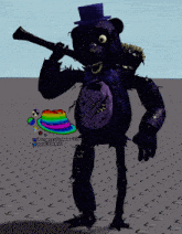 a purple teddy bear with a top hat holding a rifle
