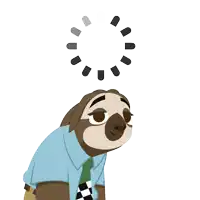 a cartoon sloth in a blue shirt and tie looks up at a loading circle