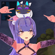 a girl with purple hair and a cat on her head is surrounded by people pointing at her