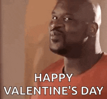 a man in a red shirt is making a funny face and saying happy valentine 's day .