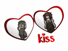 two hearts with the word kiss in red