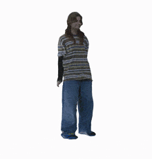 a woman in a striped shirt and jeans is jumping in the air with her arms outstretched