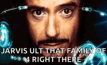a close up of a man 's face with a caption that says " arvis ult that family of 4 right there " .
