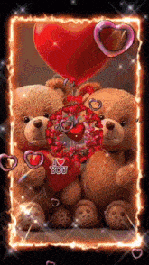 two teddy bears holding a heart and a balloon with the words `` i love you '' on it .