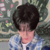 a man in a plaid shirt is standing in front of a blackboard with drawings on it .