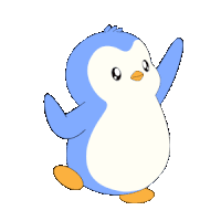 a blue and white penguin with orange feet is waving its arms