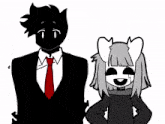 a drawing of a man in a suit and tie standing next to a girl