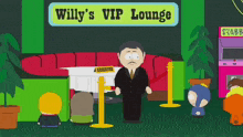 a man in a suit stands in front of a willy 's vip lounge