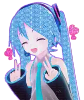 a girl with blue hair and headphones giving the peace sign