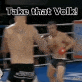 two men are fighting in a boxing ring with the words take that volks above them .