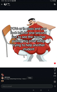 a screenshot of a meme that says pov ur in class and you look left for one second just to see the teacher