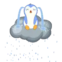 a penguin is crying while sitting on a cloud with water coming out of its eyes