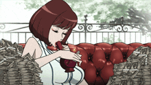 a woman is laying in a pile of money and smoking a pipe