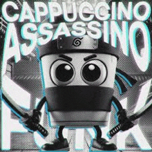 a cup of cappuccino with arms and legs is wearing a ninja costume and holding two swords .