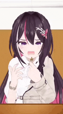 a girl with purple hair is sitting at a table with her mouth open