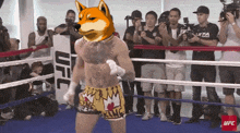 a man in a boxing ring with a dog 's head on his chest