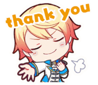a cartoon character says thank you with a speech bubble