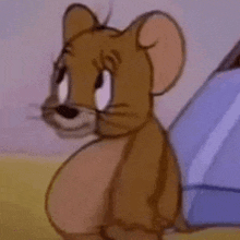 a close up of a cartoon mouse sitting next to a tent looking at the camera .