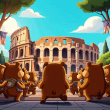 a group of teddy bears in front of the colosseum