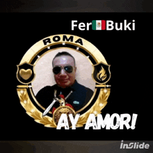 a picture of a man in a gold circle with the words ay amor