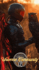 a poster of a man holding an owl with the words universe community uc on it