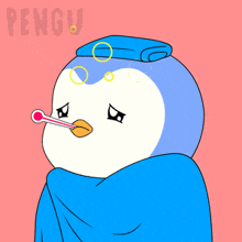 a penguin with a thermometer in its mouth and a blue towel on its head