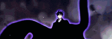 a man in a suit is standing in the dark with a purple light coming out of his chest .