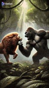 a gorilla and a lion are fighting in the jungle with a gocut logo on the bottom